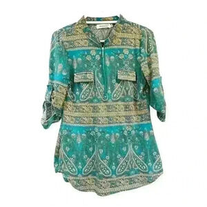 Ninedaily 1/4 Zipper Paisley Blouse 3/4 Sleeves Embellished Sleeves Faux Pockets
